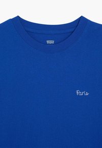 Camiseta de algodón azul con cuello redondo y bordado "París" en hilo blanco, de textura suave y corte estándar.