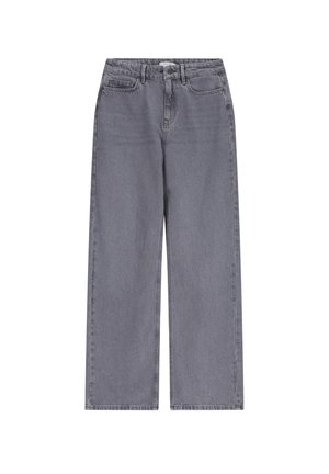 Jeans en denim gris au design large, avec une fermeture à bouton et à zip, des poches avant et un léger délavage. Style classique à cinq poches.