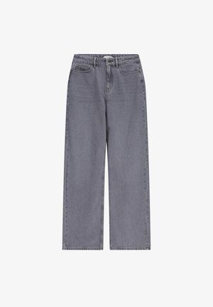 Graue Jeans aus Denim mit einem weiten Schnitt, ausgestattet mit einem Knopf- und Reißverschluss, Taschen auf der Vorderseite und dezenter Verwaschung. Klassischer Fünf-Taschen-Stil.