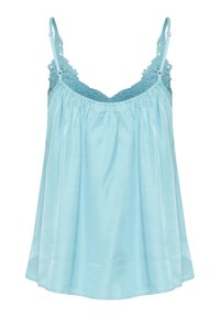 Šviesiai mėlyna kamizola su nėrinių apdaila aplink iškirptę, reguliuojamomis petnešomis ir lengvu, šilkiniu audiniu, kuris gražiai krenta.