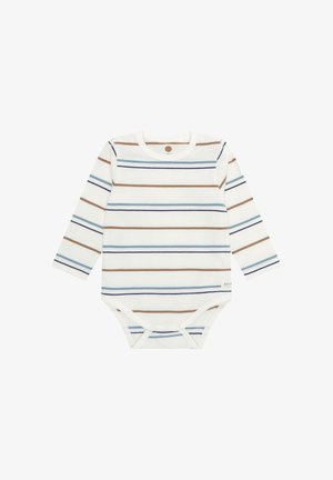 Body z długim rękawem wykonany z miękkiej, białej bawełny z poziomymi paskami w kolorach niebieskim, brązowym i jasnoniebieskim. Wyposażony w zatrzaski na dole.