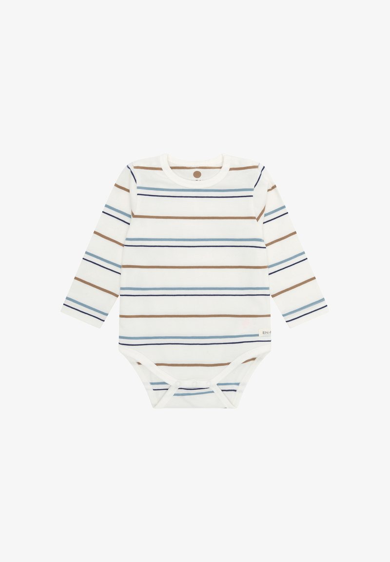 Body z długim rękawem wykonany z miękkiej, białej bawełny z poziomymi paskami w kolorach niebieskim, brązowym i jasnoniebieskim. Wyposażony w zatrzaski na dole.