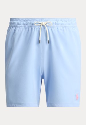 Svetlo modre kopalne hlače iz gladkega materiala, z elastičnim pasom in belim vrvico ter majhnim rožnatim logotipom na strani.