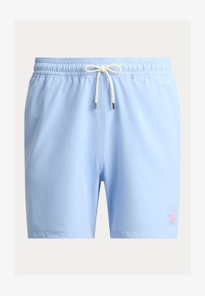 Ανοιχτό μπλε μαγιό σορτς από λείο ύφασμα, με ελαστική μέση και λευκό κορδόνι, καθώς και ένα μικρό ροζ λογότυπο στο πλάι.