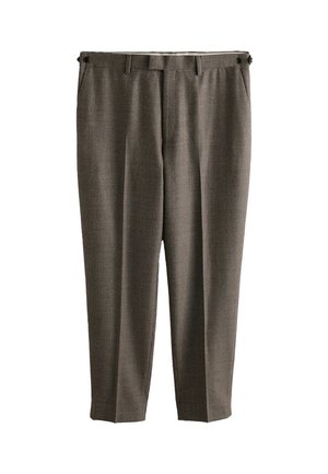 Brown checked trousers with a loose fit, featuring pleats, side pockets, and a zip fly. Fabric has a textured finish.