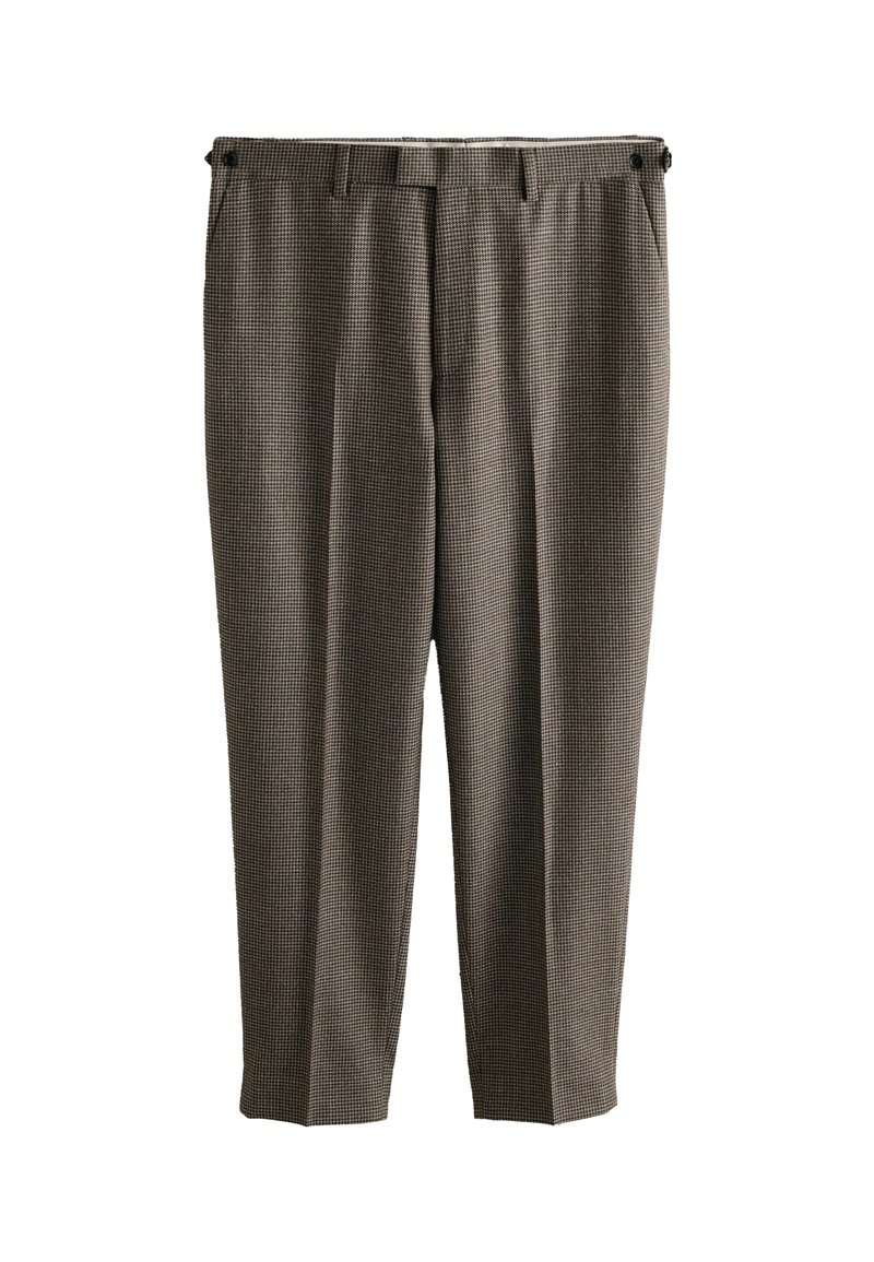 Braun karierte Hose mit lockerer Passform, inkl. Falten, seitlichen Taschen und Reißverschluss. Der Stoff hat eine strukturierte Oberfläche.