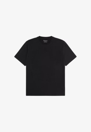 Camiseta negra de manga corta con cuello redondo y diseño minimalista, colocada plana sobre un fondo blanco.