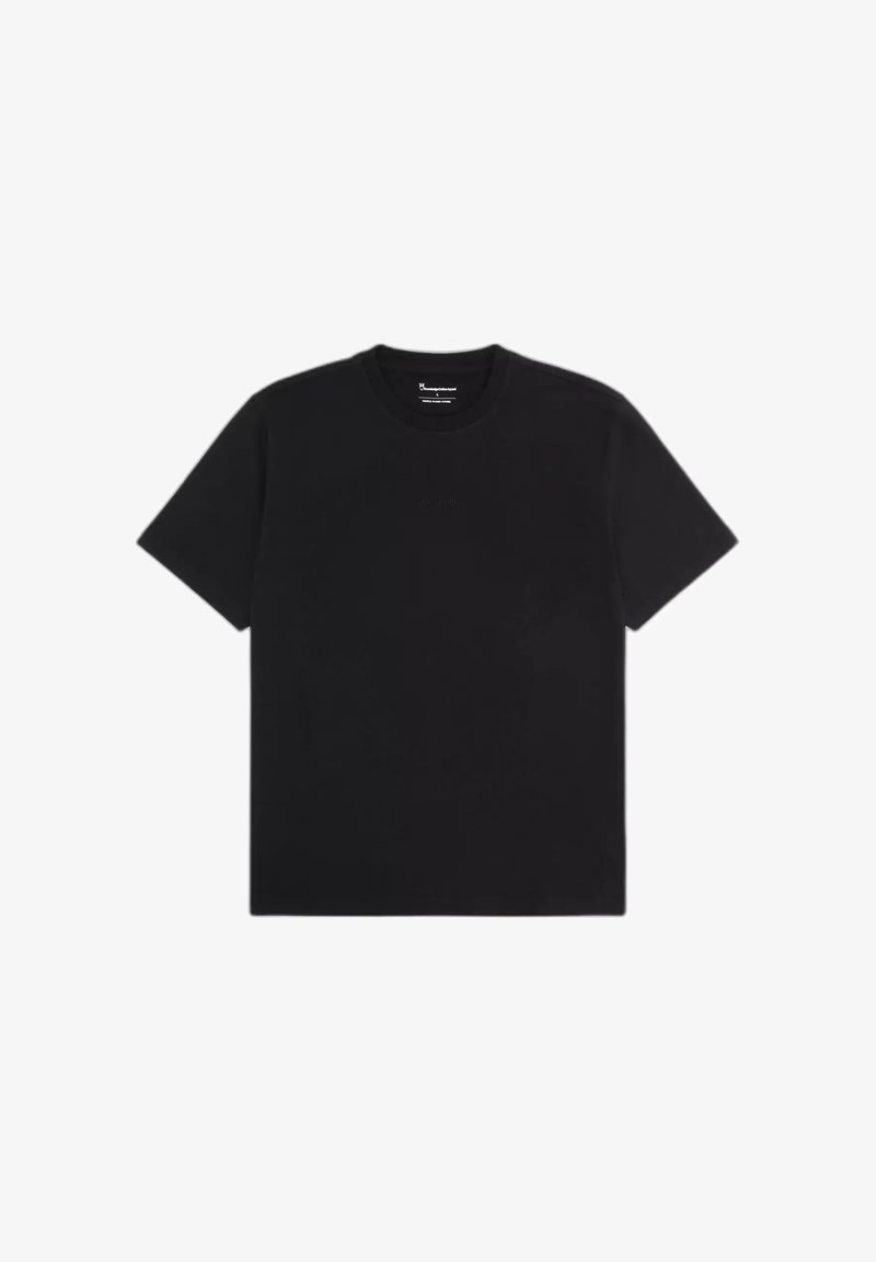 T-shirt noir à manches courtes et col rond avec un design minimaliste, posé à plat sur fond blanc.