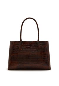 Brown faux leather tote bag with a textured crocodile pattern, featuring two sturdy handles and a structured rectangular shape.