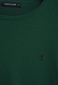 Dunkelgrüner Strickpullover mit kleinem schwarzen Polospieler-Stick auf der Brust und einem "POLO CLUB M" Etikett am Innenkragen.