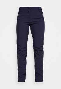 Granatowe spodnie outdoorowe o slim fit, wykonane z elastycznego materiału. Posiadają kieszenie zapinane na zamek oraz subtelny detal z logo blisko dołu.