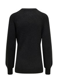Črn pleten pulover z dolgimi rokavi, okroglim izrezom, oprijetimi manšetami in tankim, ravnim krojem, prikazan od zadaj.