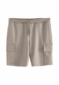 Pantaloncini cargo beige in tessuto morbido, con vita elastica regolabile tramite coulisse e due tasche laterali. Texture liscia, design casual.