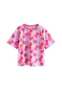 Roza majica s kratkimi rokavi iz mehke bombažne tkanine, okrašena z igrivim vzorcem nasmejanih src v različnih barvah in majhnim mavričnim detajlom.