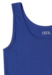 Débardeur bleu sans manches avec col rond et étiquette "Cecil Essentials" imprimée à l'intérieur près du col.