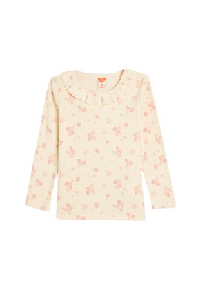 Gestreiftes Langarmoberteil in hellem Creme mit kleinem rosa Blumenmuster; verfügt über einen Rüschenausschnitt und einen weichen, strukturierten Stoff.