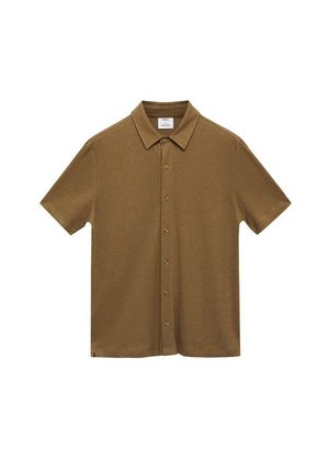 Short-sleeve polo shirt, brown fabric, button-down front, soft texture, folded collar, and straight-cut hem. Slightly heathered appearance.