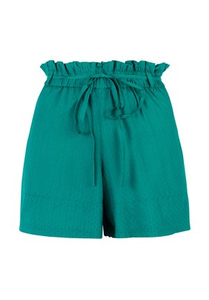 Svetlo modré šortky s vysokým pásom, volánkovým elastickým pásom a viazaným látkovým opaskom, s jemnou bodkovanou štruktúrou a voľným strihom.