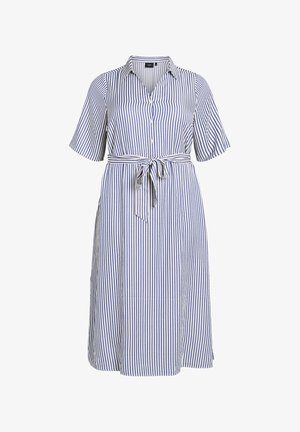 Robe rayée en bleu et blanc, dotée d'un boutonnage sur le devant, d'un col, de manches courtes et d'une ceinture à la taille pour une silhouette cintrée.