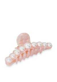 Rosa plastklämma för hår med rundad topp och flera faux pärl-accenter längs längden, med ett texturerat grepp för säker styling.