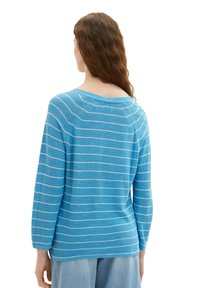 Blau gestreifter Pullover mit langen Ärmeln, weitem Ausschnitt und strukturiertem Stoff. Die Streifen sind hellblau und weiß und bieten ein kontrastreiches Muster.
