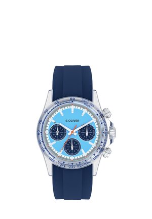 Blaues und silbernes S.Oliver Armbanduhr mit drei dunkelblauen Hilfszifferblättern, orangefarbenem Sekundenzeiger und blauem Silikonarmband.