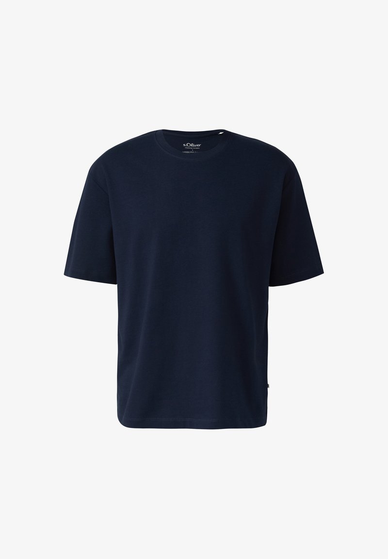 T-shirt uni bleu marine à manches courtes, col rond et coupe décontractée, présenté sur fond blanc.