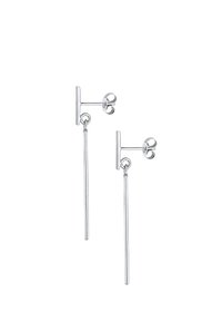 Silberne Tropfenohrringe mit dünnen, verlängerten Metallstäben, die von einem runden Rückenteil hängen. Glatte Textur, minimalistisches Design und glänzende Oberfläche.