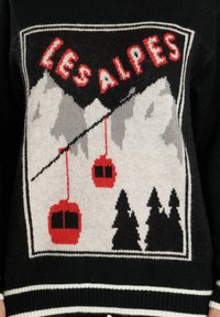 Zwarte trui met een grafisch ontwerp van bergen, rode gondels en bomen. Tekst leest "LES ALPES" in vette rode letters. Witte gestreepte zoom.