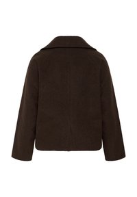 Veste brun foncé en mélange de laine avec manches longues, col large et coupe droite, vue de dos sur fond blanc.