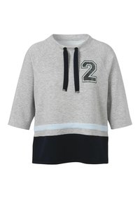 Grijze katoenmix sweatshirt met driekwart mouwen, marineblauw onderpaneel en decoratief nummer '2' met rhinestones op de borst.