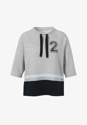Grijze katoenmix sweatshirt met driekwart mouwen, marineblauw onderpaneel en decoratief nummer '2' met rhinestones op de borst.