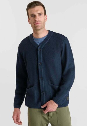 Uomo che indossa un cardigan blu scuro abbottonato sopra una camicia blu e pantaloni verde oliva, in piedi davanti a uno sfondo chiaro uniforme.