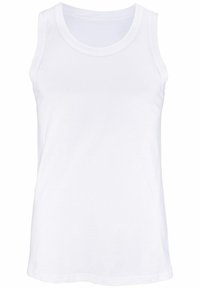 Balta, minkšta medvilninė maikutė be rankovių, su apvaliu kaklu ir plačiomis petnešomis, pasižyminti lygiu, vientisu paviršiumi.