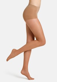Gennemsigtige, nude strømpebukser med en glat tekstur, høj talje og forstærkede tåspidser. Lidt mørkere øverst, sømløst design for komfort.