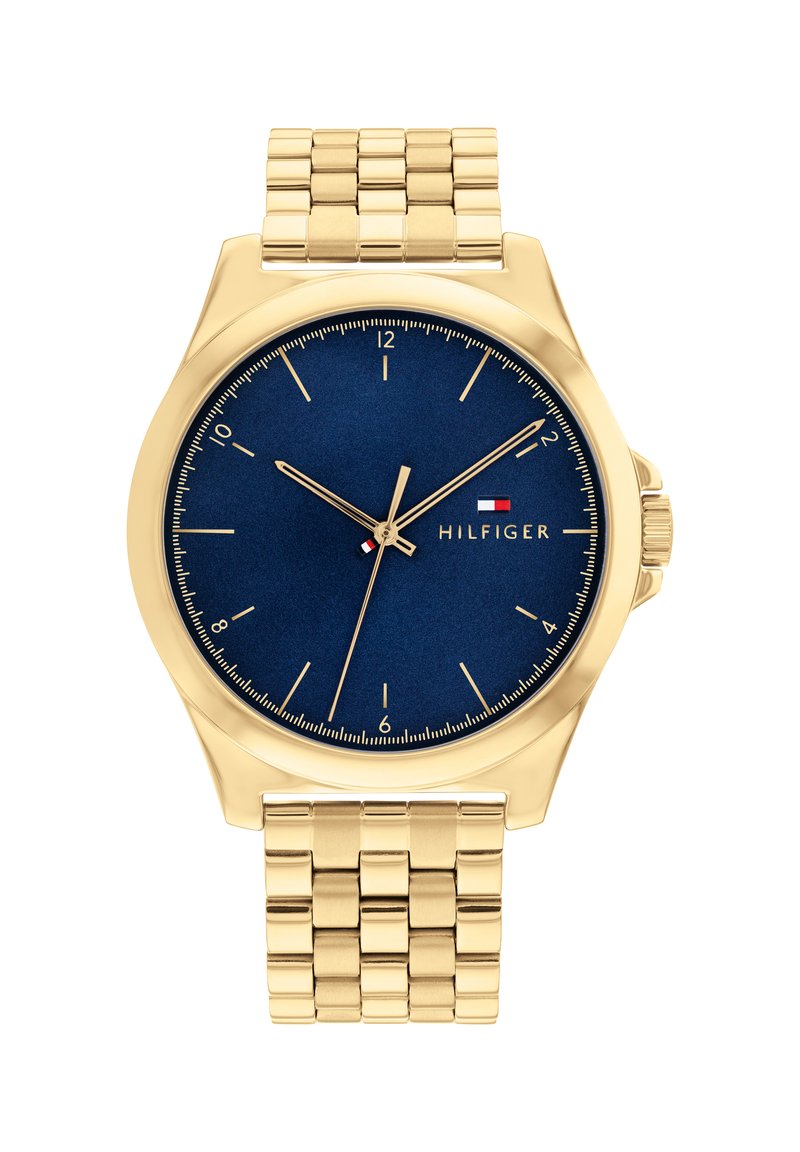 Goldfarbene Uhr mit rundem Gehäuse und blauem Zifferblatt. Verfügt über dünne Stundenmarkierungen und -zeiger sowie ein Metallarmband mit einem Glieddesign.