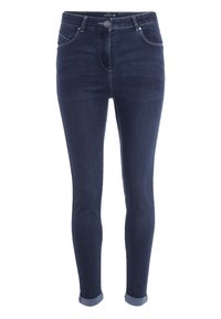 Donkerblauwe skinny jeans van denim met een hoge taille, opgerolde manchetten, voorzakken en contrasterende stikdetails. Het materiaal lijkt glad en rekbaar.