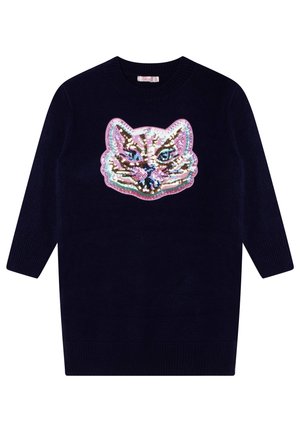 Marineblå langærmet sweater med ribkanter ved manchetter og kant, med et stort flerfarvet paliet-katteansigt på fronten.
