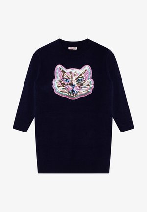 Marineblå langærmet sweater med ribkanter ved manchetter og kant, med et stort flerfarvet paliet-katteansigt på fronten.