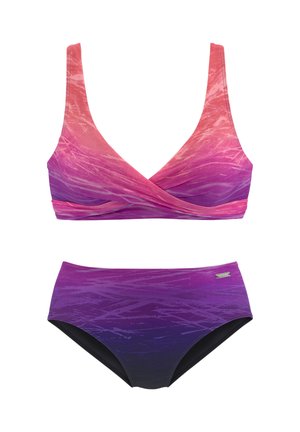 Two-piece swimsuit with gradient colors from pink to purple and a subtle abstract pattern, featuring a wrap-style top and high-waist bottoms.