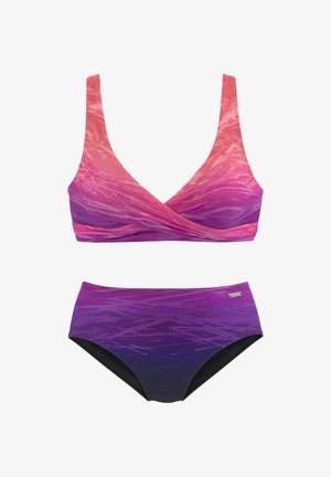 Two-piece swimsuit with gradient colors from pink to purple and a subtle abstract pattern, featuring a wrap-style top and high-waist bottoms.