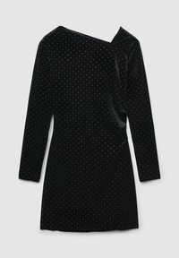 Schwarzes Samtkleid mit langen Ärmeln, asymmetrischem Ausschnitt und silbernem Punktemuster. Verfügt über eine geraffte Seitendetail und eine glatte Textur.