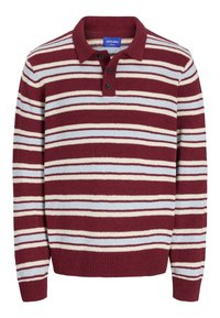 Pull polo en maille à manches longues avec rayures horizontales bordeaux, blanches et bleu clair, trois boutons noirs, bords-côtes aux poignets et à l'ourlet.