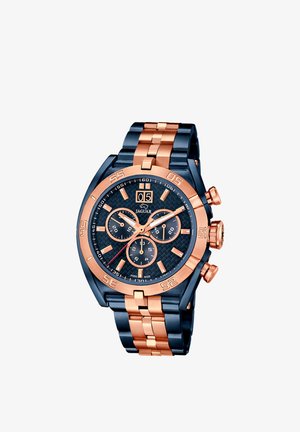 Montre chronographe pour homme Jaguar avec bracelet en métal noir et or rose, cadran texturé noir, trois sous-cadrans et affichage de la date à 12 heures.