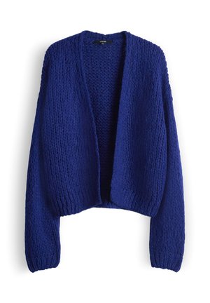 Stevige, grofgebreide cardigan in diepblauw, met een open voorkant, lange mouwen en een gestructureerde stof met geribbelde boorden en zoom.