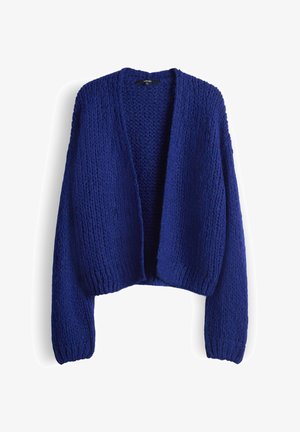 Stevige, grofgebreide cardigan in diepblauw, met een open voorkant, lange mouwen en een gestructureerde stof met geribbelde boorden en zoom.