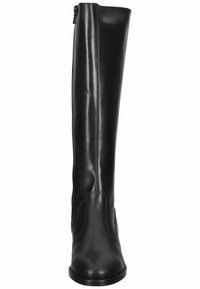 Botte noire en cuir montante avec un design épuré, une texture lisse et une fermeture éclair sur le côté. Dotée d'un bout arrondi et de détails de coutures minimalistes.