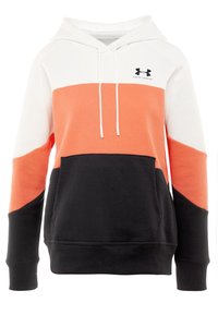 Sudadera con capucha en blanco, coral y negro; cuenta con un bolsillo tipo canguro, puños acanalados y un diseño de bloque de color en contraste.