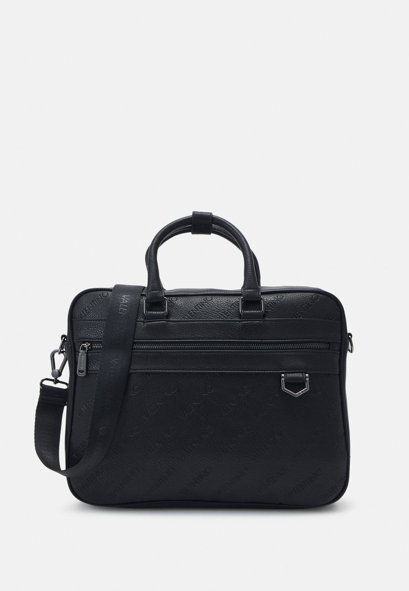 Black synthetic laptop bag with embossed logo, dual handles, detachable strap, front zip pocket, and smooth textured surface.