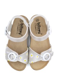 Sandales en cuir avec un motif floral en blanc et jaune. Boucles rondes et sangles réglables. Semelle intérieure beige avec le nom de la marque.